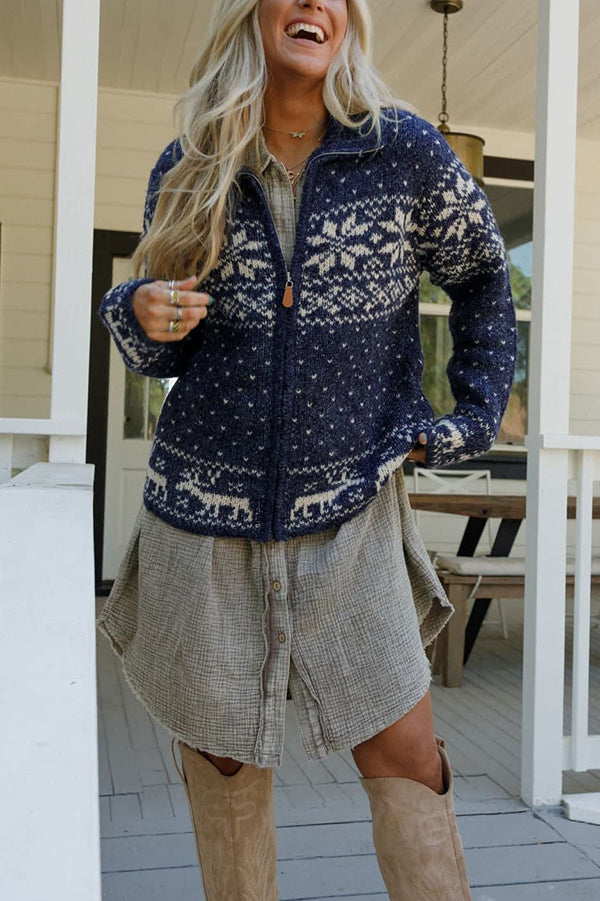Velina Moda | Christmas Snowflake Moose Zip Long Sleeve Sweater