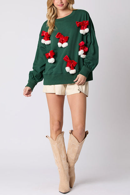 Velina Moda | Christmas Bow Decorated Casual Long Sleeve Sweatshirt