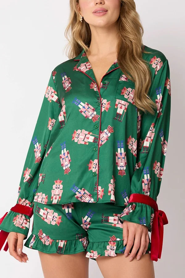 Velina Moda | Christmas Fashion Printed Bow Top and Elastic Waist Ruffle Shorts Set
