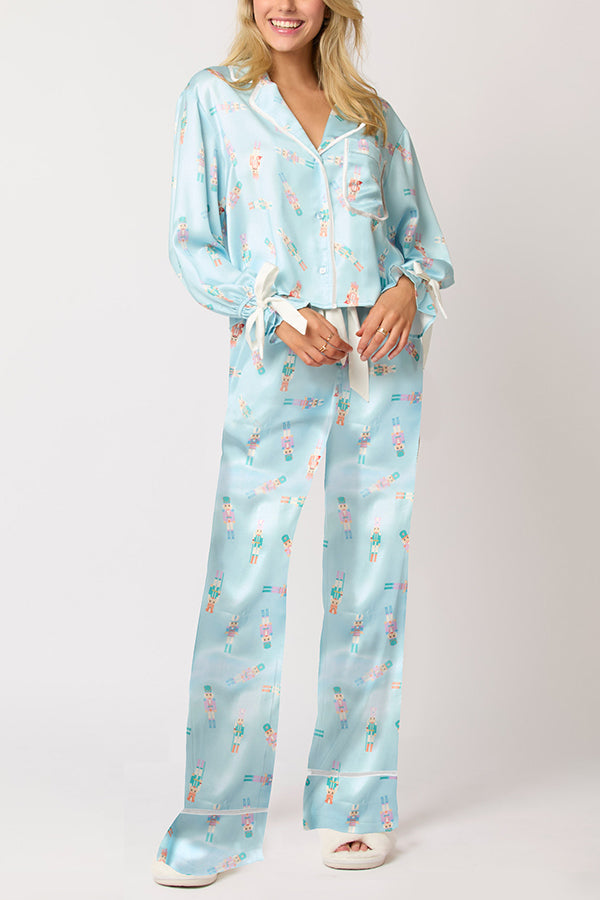 Velina Moda | Christmas Printed Velour Lacing Long Sleeve Pocket Top and Elastic Waist Pants Set