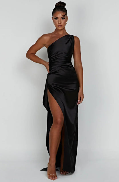 One-shoulder satin split dress