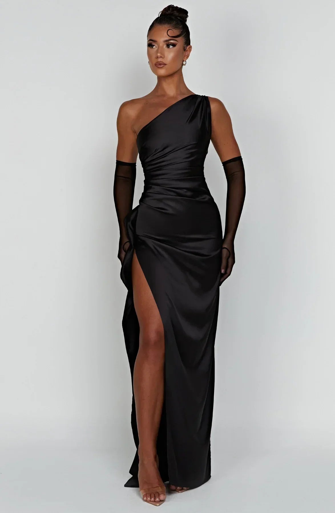 One-shoulder satin split dress