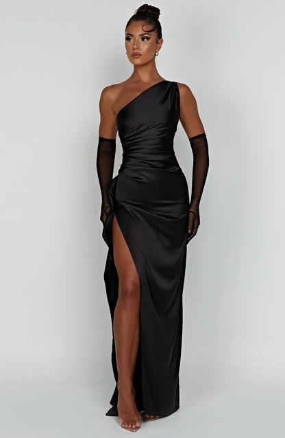 One-shoulder satin split dress