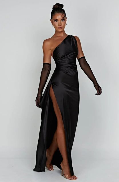 One-shoulder satin split dress