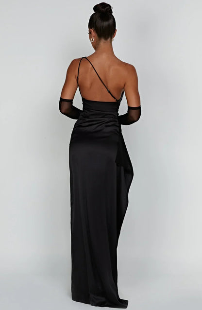 One-shoulder satin split dress