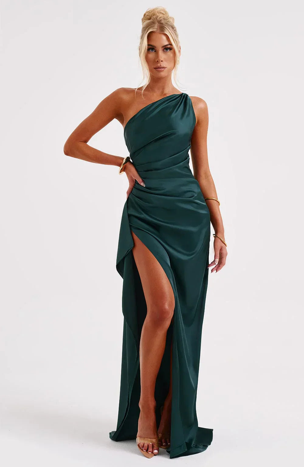 One-shoulder satin split dress