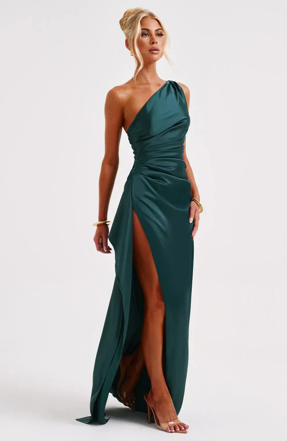 One-shoulder satin split dress