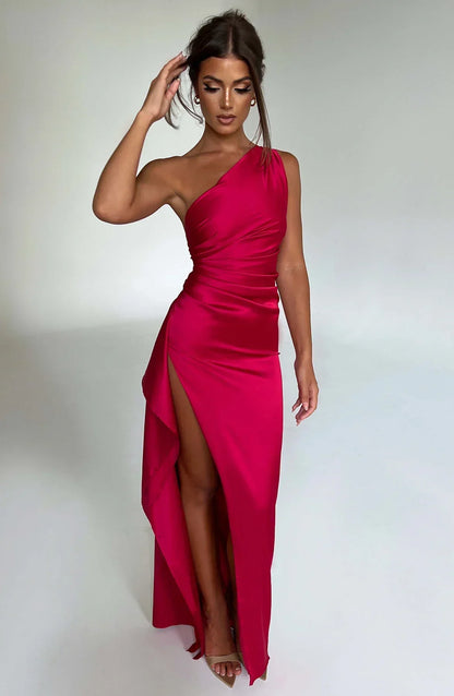 One-shoulder satin split dress