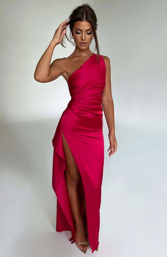 One-shoulder satin split dress