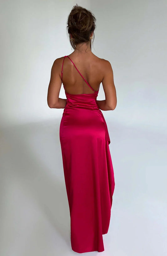 One-shoulder satin split dress