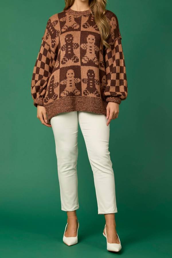 Velina Moda | Christmas Gingerbread Man Crew Neck Long Sleeve Loose Knit Sweater