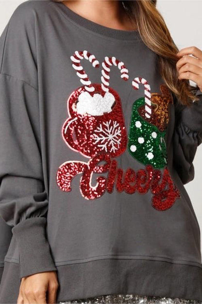 Velina Moda | Christmas Candy Cup Sequins Casual Loose Sweatshirt