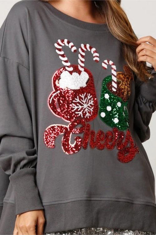 Velina Moda | Christmas Candy Cup Sequins Casual Loose Sweatshirt