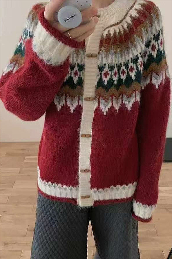 Velina Moda | Round Neck Fair Isle Christmas Horn Button Cardigan
