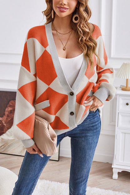 Velina Moda | Neck Geometric Patchwork Contrasting Knit Cardigan Casual Loose Jacket