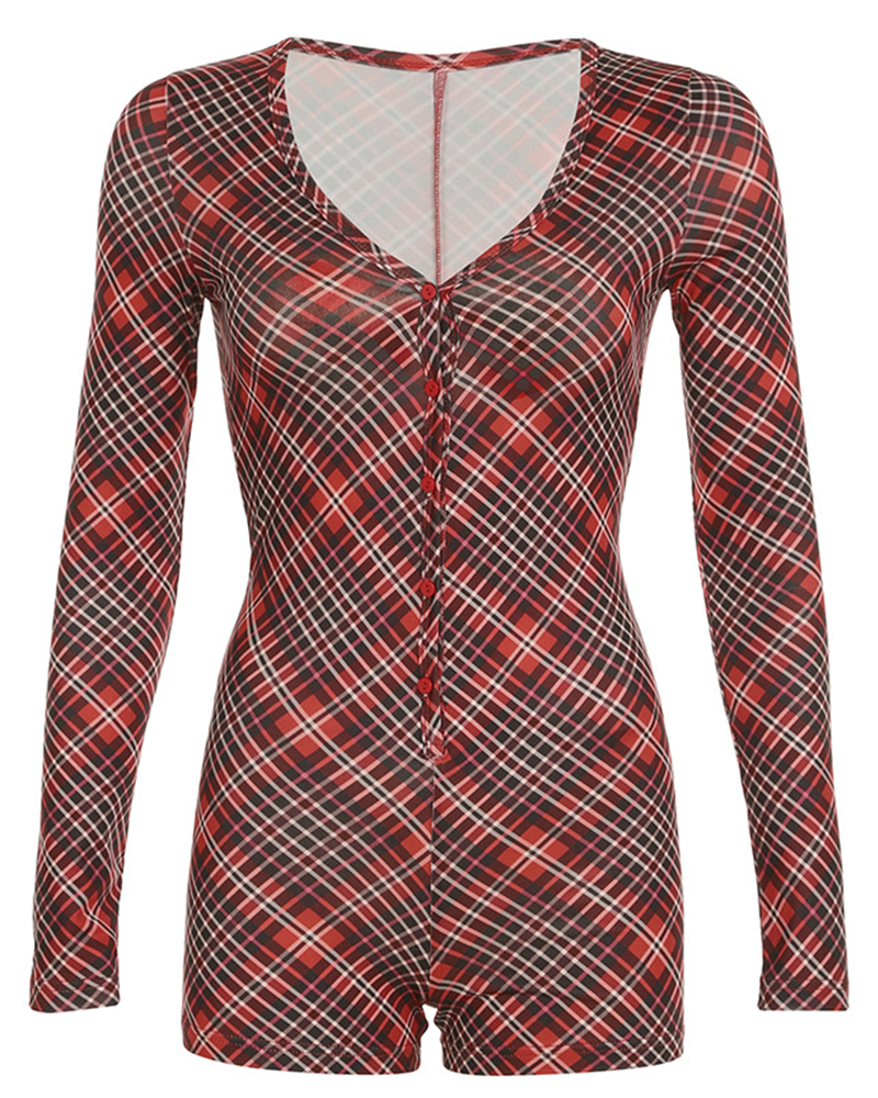 Velina Moda | Christmas Check Pattern V Neck Long Sleeve Jumpsuit Shorts