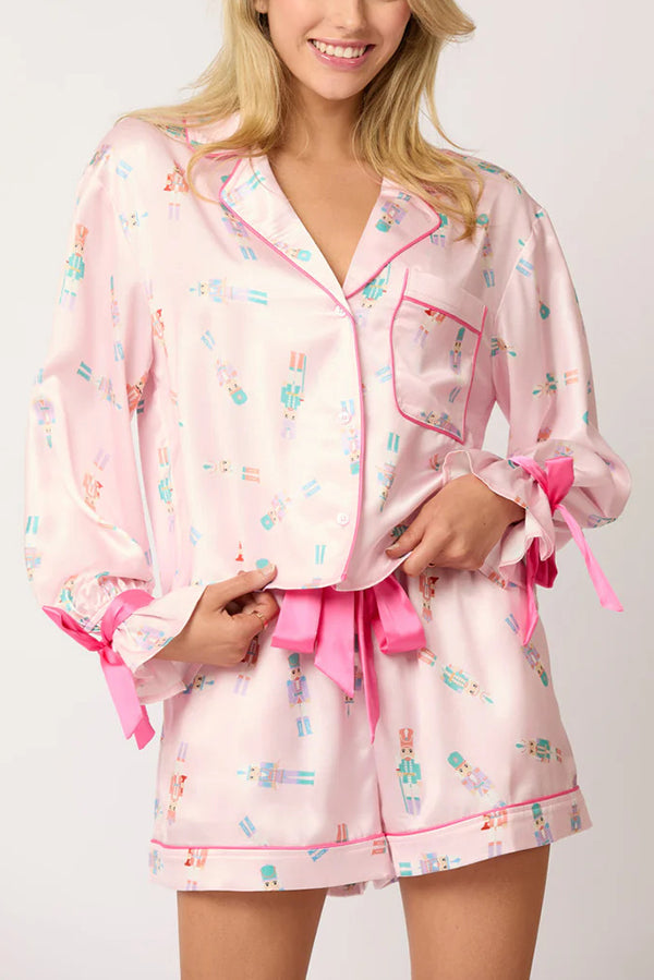 Velina Moda | Christmas Print Lace-Up Cuff Top and Elastic Waistband Pockets Casual Shorts Set
