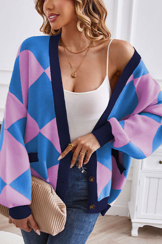 Velina Moda | Neck Geometric Patchwork Contrasting Knit Cardigan Casual Loose Jacket