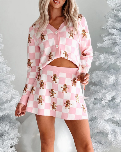 Velina Moda | Christmas Polka Dot Pattern Knit Sweater Short Skirt Suit