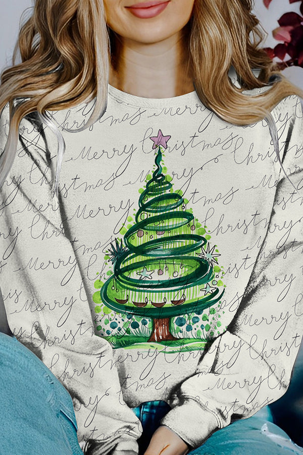 Velina Moda | Printed Christmas Contrast Color Long Sleeve Pullover Sweatshirt