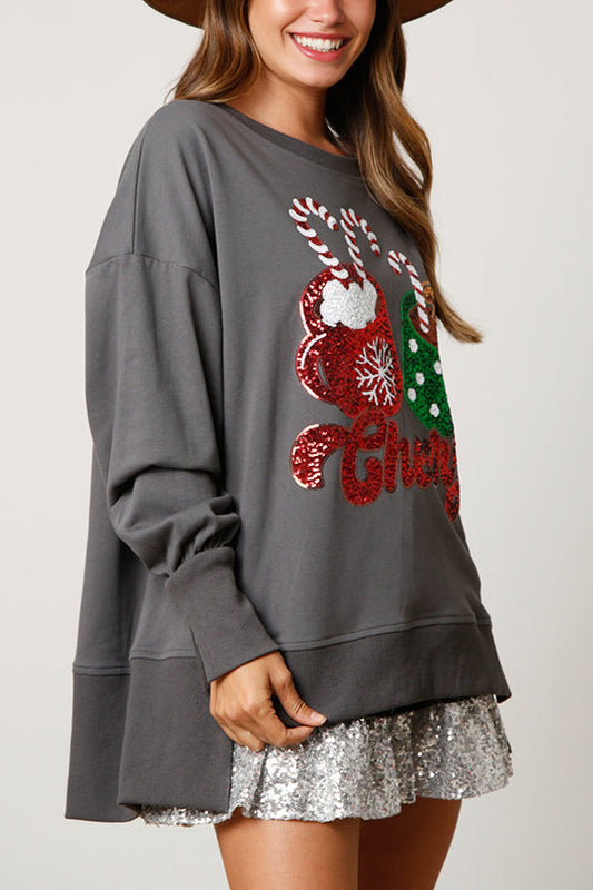 Velina Moda | Christmas Candy Cup Sequins Casual Loose Sweatshirt