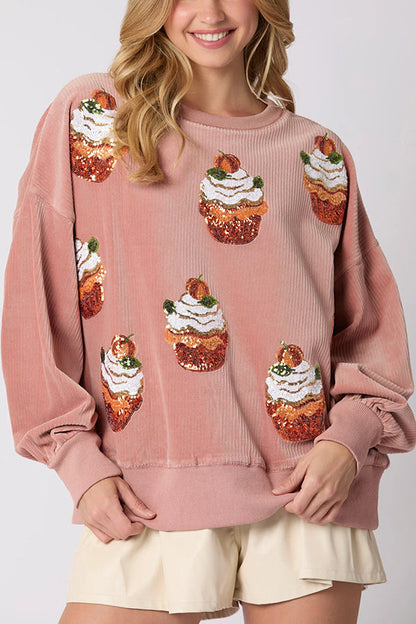 Velina Moda | Christmas Pumpkin Cake Sequins Round Neck Loose Sweatshirt