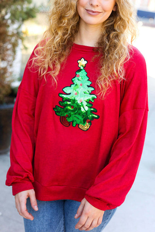Velina Moda | Christmas Tree Holiday Sequins Casual Loose Sweatshirt