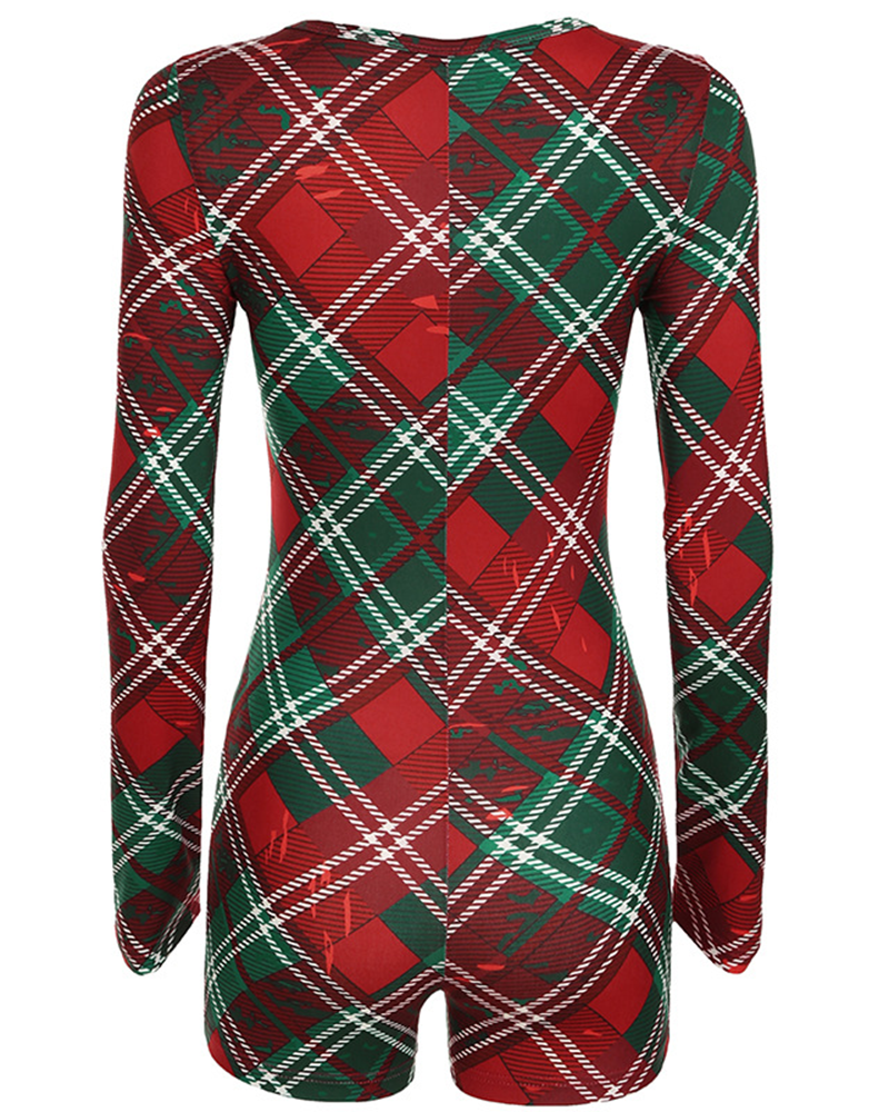 Velina Moda | Christmas Check Pattern V Neck Long Sleeve Jumpsuit Shorts