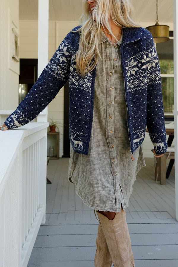 Velina Moda | Christmas Snowflake Moose Zip Long Sleeve Sweater