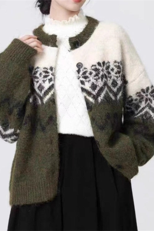 Velina Moda | Retro Nordic Christmas Snowflake Jacquard Cardigan