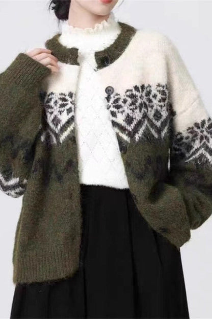 Velina Moda | Retro Nordic Christmas Snowflake Jacquard Cardigan