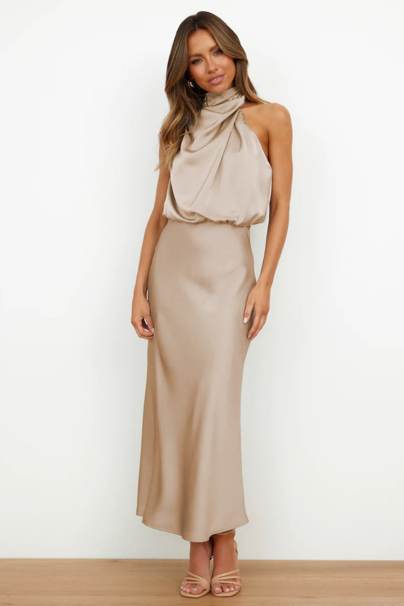 Elegant midi dress with asymmetrical round neckline