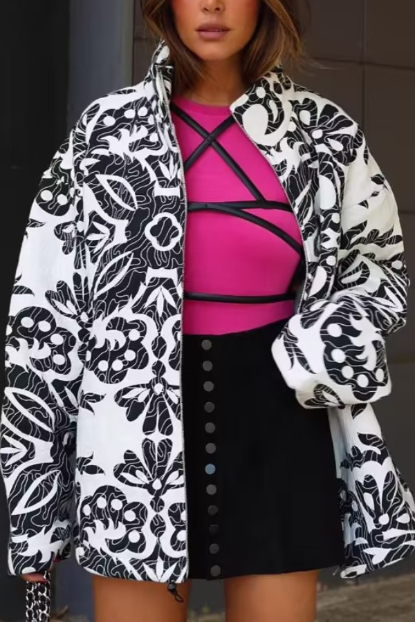 Velina Moda | Stand Collar Printed Casual Cotton Jacket