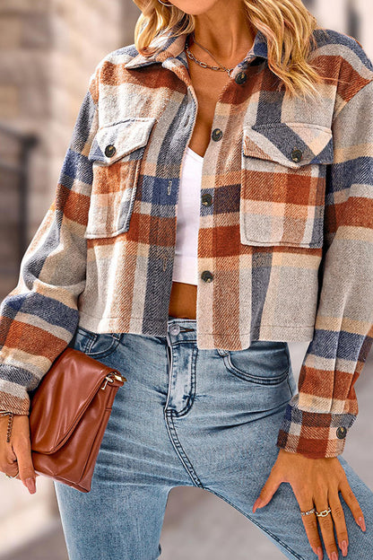 Velina Moda | Pocket Fashion Casual Cropped Women'S Checkered Jacket