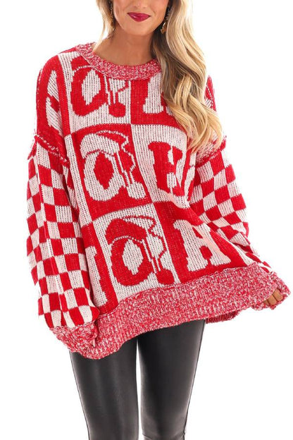 Velina Moda | Christmas Letters Crew Neck Long Sleeve Loose Knit Sweater