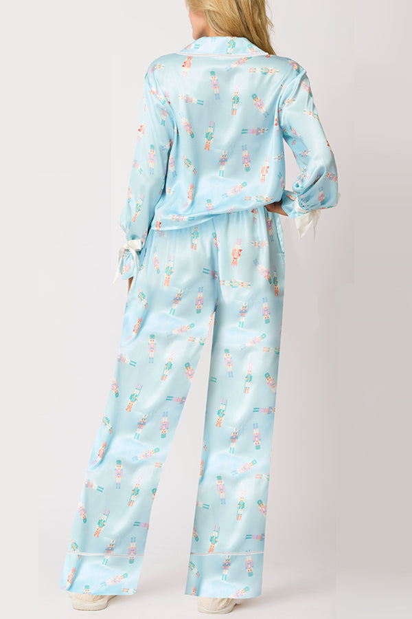 Velina Moda | Christmas Printed Velour Lacing Long Sleeve Pocket Top and Elastic Waist Pants Set