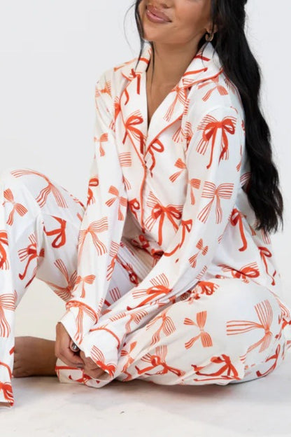 Velina Moda | Christmas Bow Print Long Sleeve Shirt and Elastic Waist Pocket Pants Set