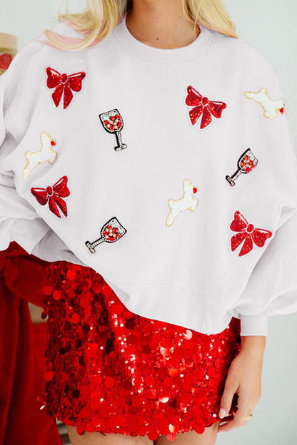 Velina Moda | Christmas Bow Wine Glass Sequins Loose Long Sleeve Sweatshirt