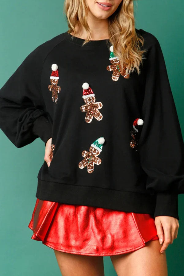 Velina Moda | Christmas Gingerbread Man Sequins Long Sleeve Sweatshirt