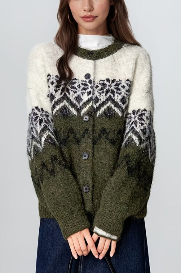 Velina Moda | Retro Nordic Christmas Snowflake Jacquard Cardigan
