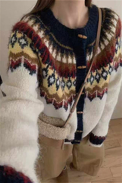 Velina Moda | Round Neck Fair Isle Christmas Horn Button Cardigan