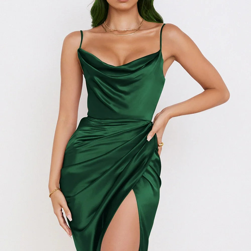 Satin dress with ruffles and narrow straps