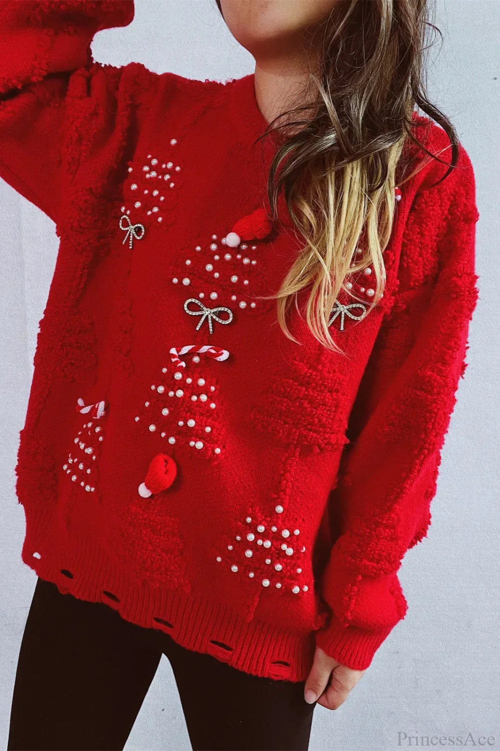 Velina Moda | Christmas 3D Tree Pearl Solid Flocked Sweater