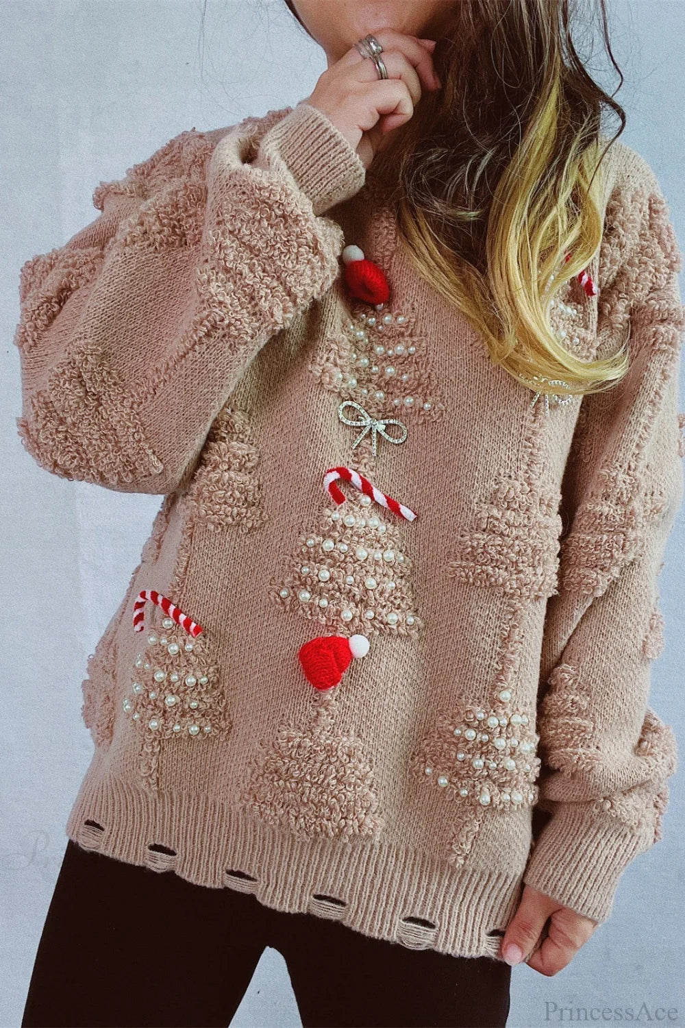 Velina Moda | Christmas 3D Tree Pearl Solid Flocked Sweater