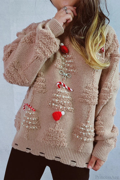 Velina Moda | Christmas 3D Tree Pearl Solid Flocked Sweater