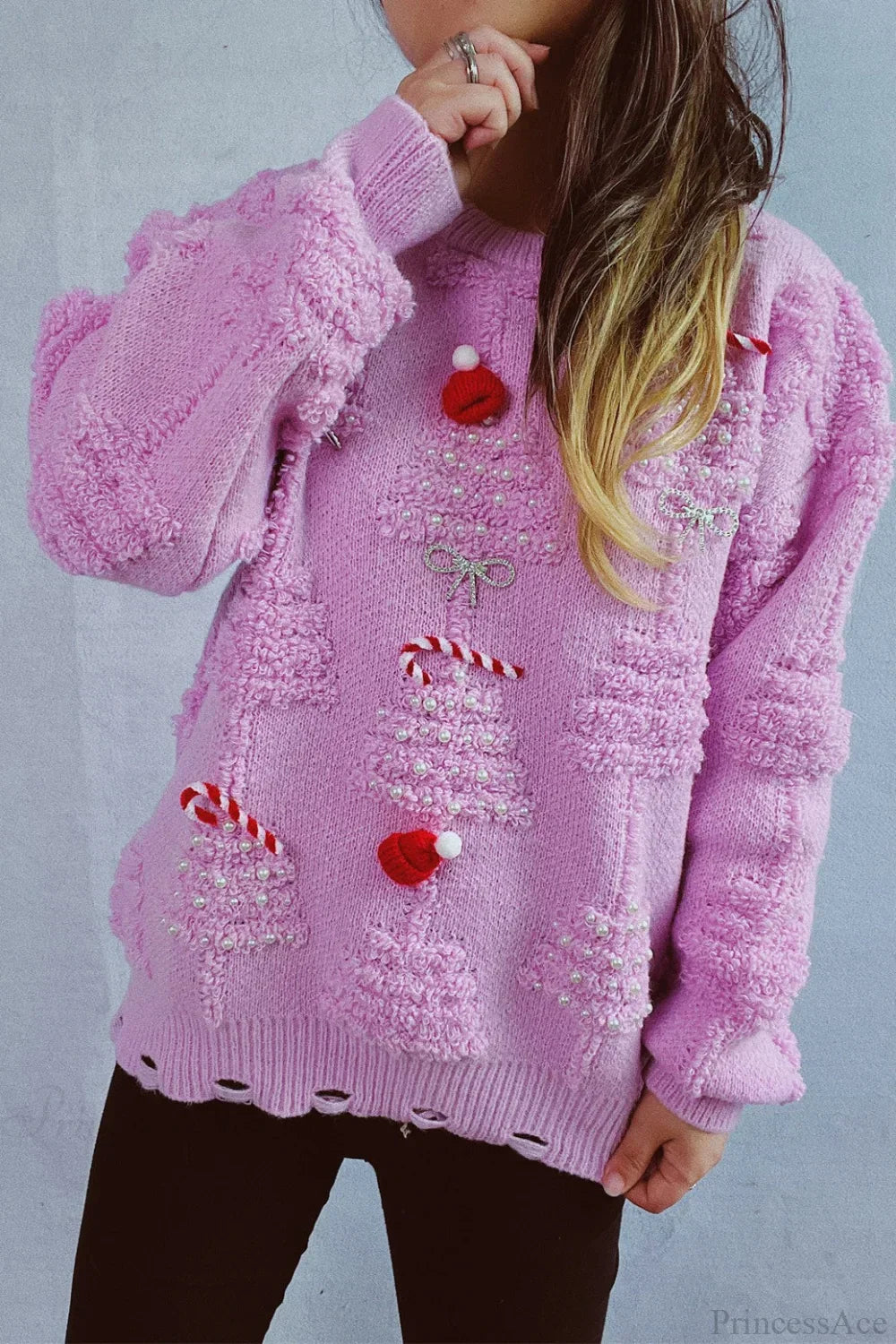 Velina Moda | Christmas 3D Tree Pearl Solid Flocked Sweater