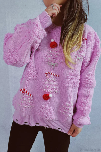 Velina Moda | Christmas 3D Tree Pearl Solid Flocked Sweater
