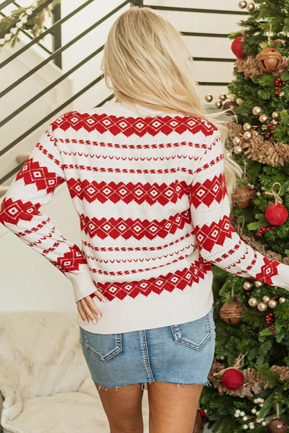 Velina Moda | Christmas Geometric Print Color Block Knit Round Neck Pullover Sweater