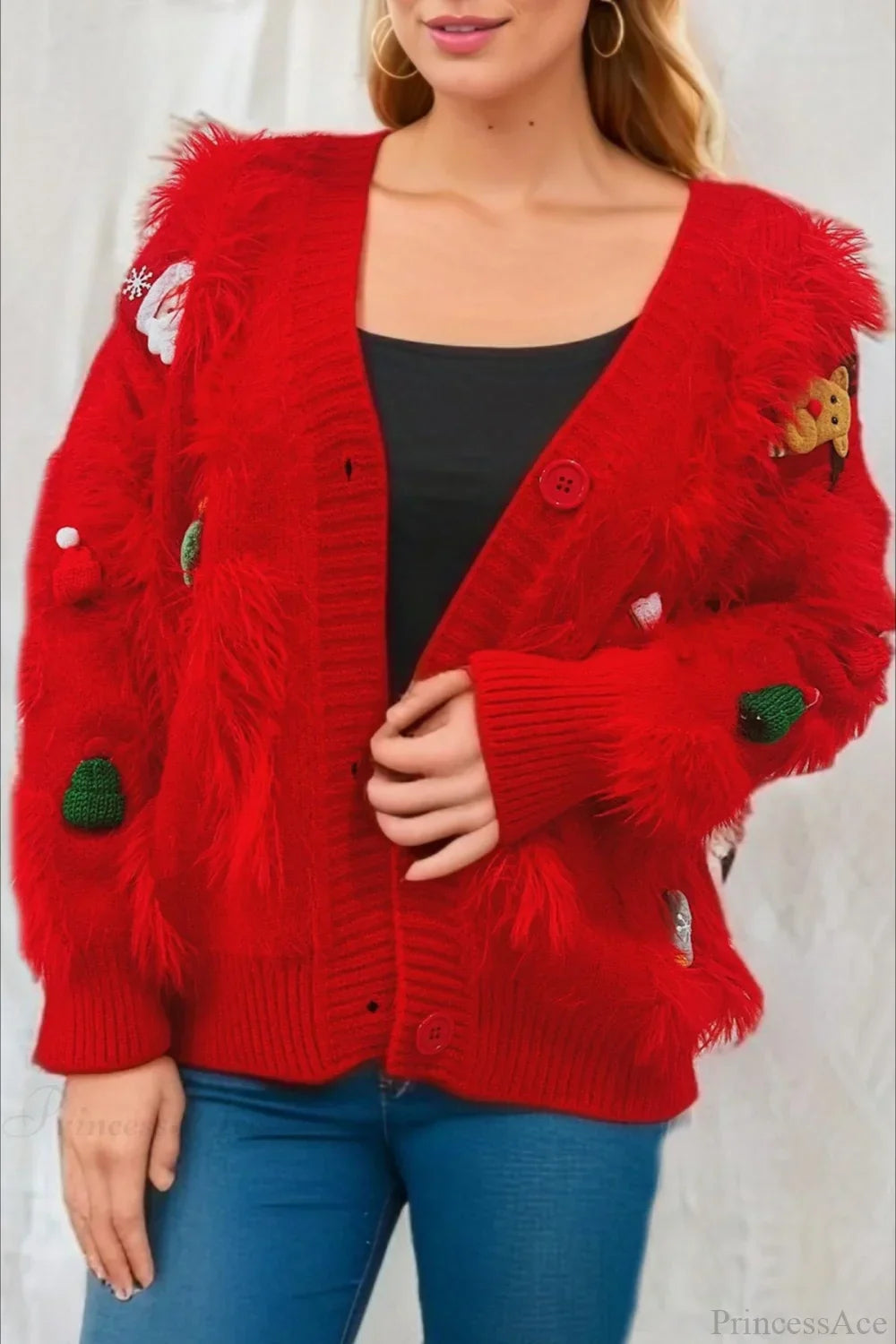 Velina Moda | Christmas Mink Fleece 3D Trim Single Breasted Cardigan Sweater