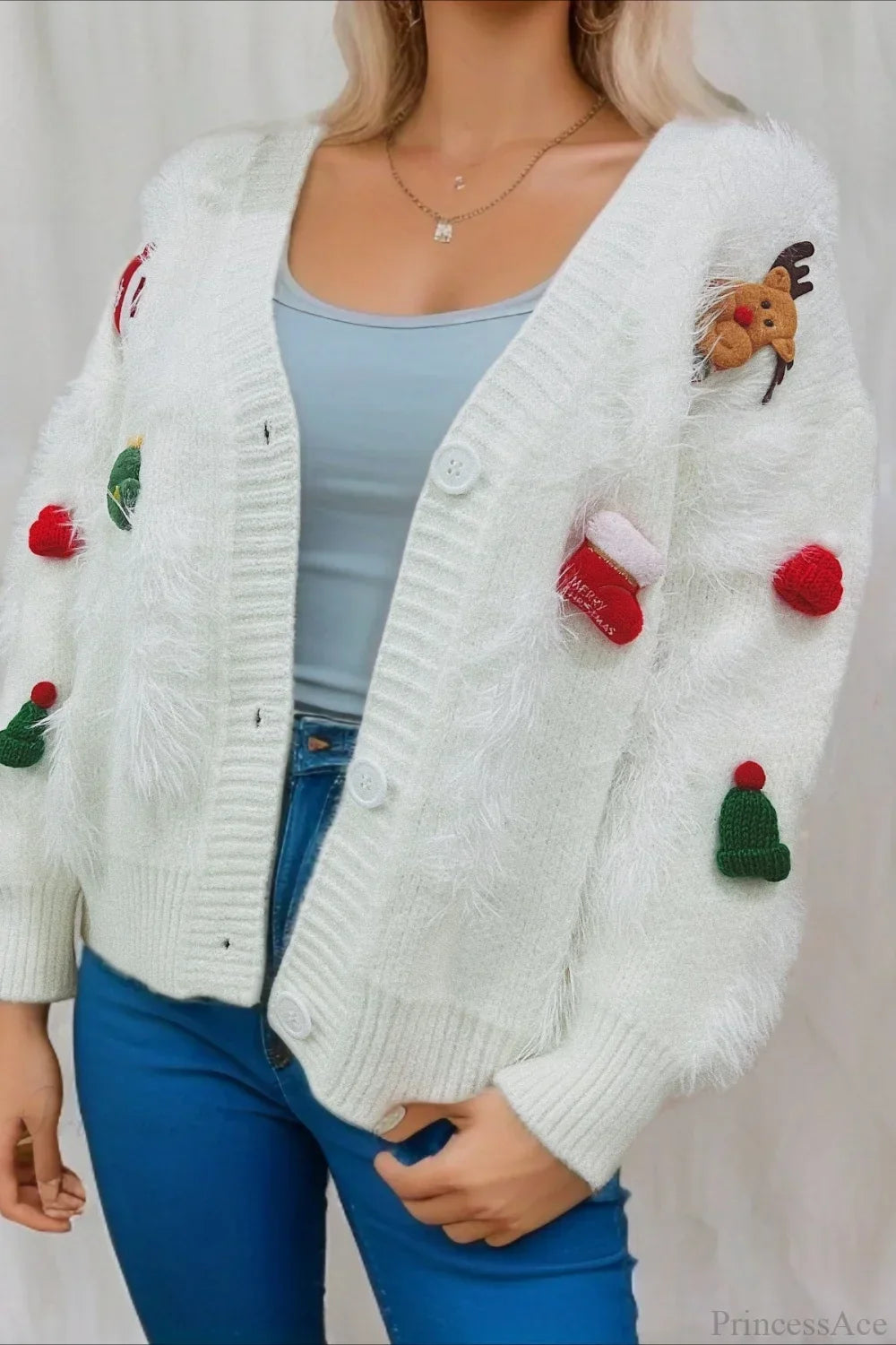 Velina Moda | Christmas Mink Fleece 3D Trim Single Breasted Cardigan Sweater